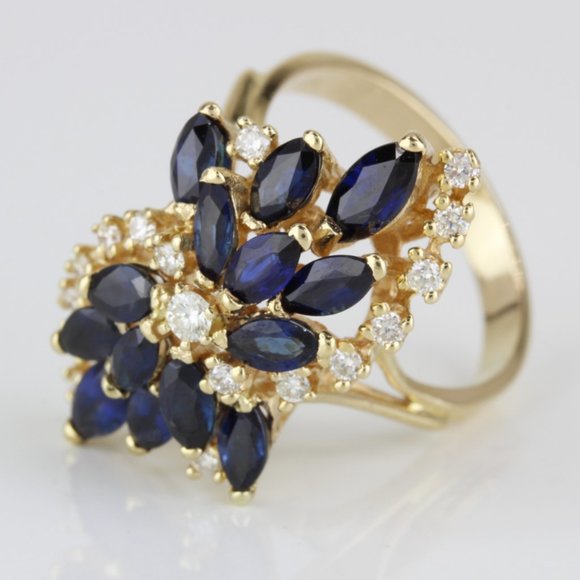 Vintage 14K Yellow Gold Blue Sapphire & Diamond Anniversary Cocktail Ring - Picture 3 of 9